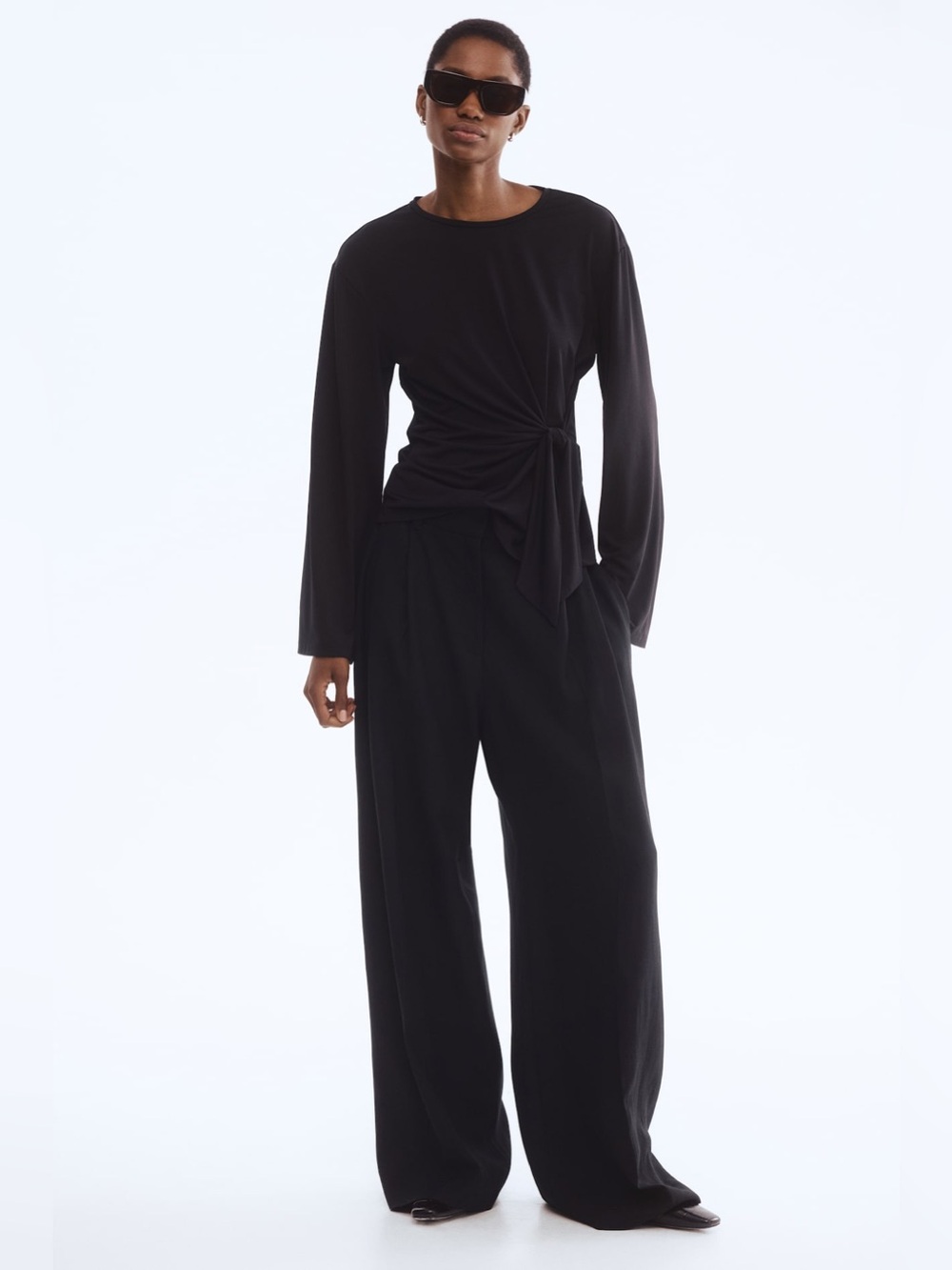 H&M Side‑Tie Long‑Sleeve Top – Black, Size Small